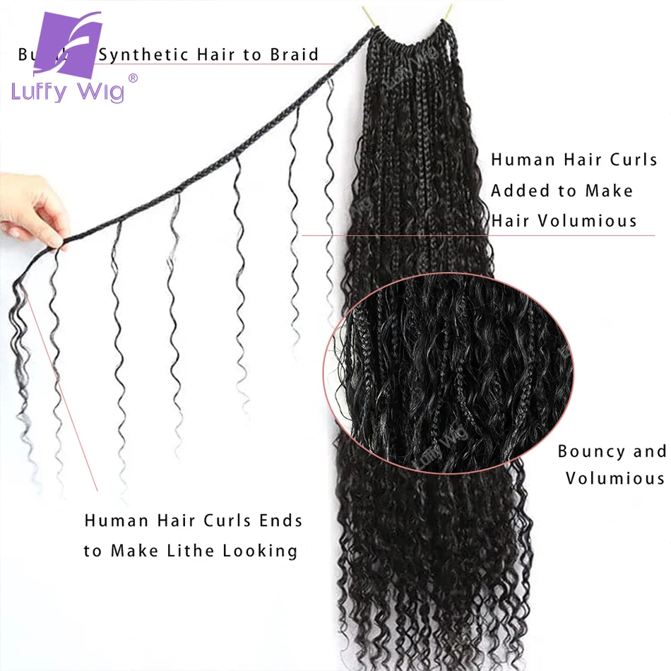 Crochet Boho Box Braided Hair Goddess Braids With Human Hair Curls 30 inch Pre-looped Synthetic Bohemian Braids Hair Luffywig