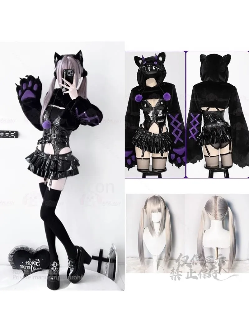 Anime Duivel Knop Kat Leuke Schattige PU Leer Y2k Zwarte Jurk Pruiken Jirai Kei Stijl Rollenspel Cool Sexy Cosplay Kostuum Vrouwen - afbeelding 2