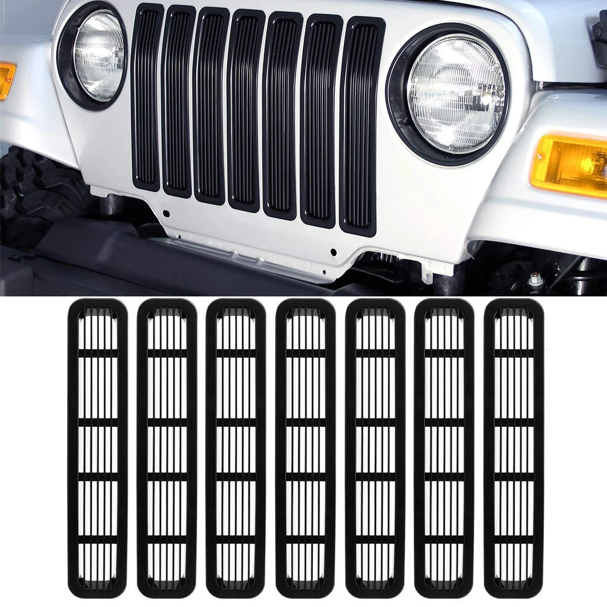 

Car Front Grille Insert Cover Net Trim Decoration Racing Grills Sticker for Jeep Wrangler TJ 1997-2006 7pcs/set