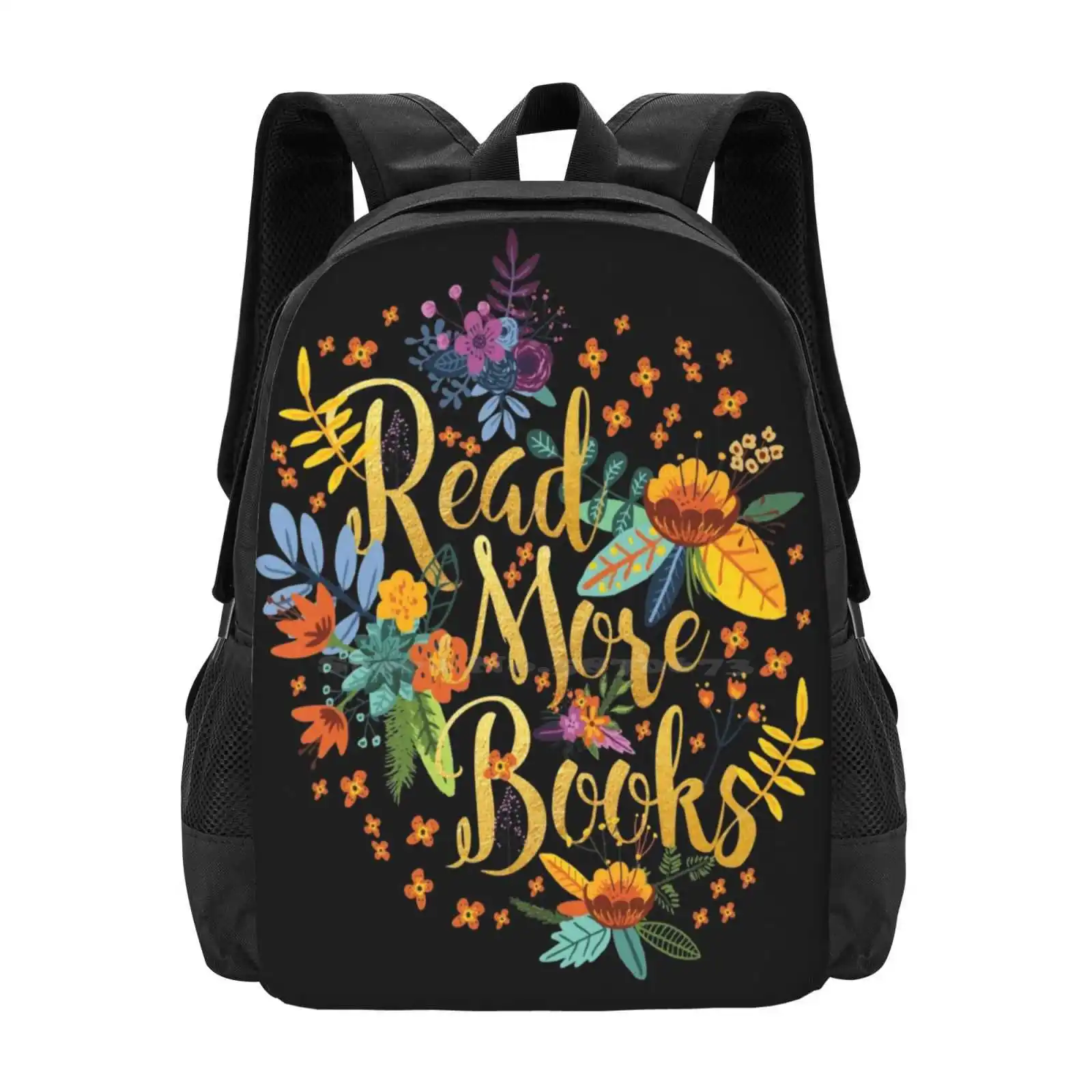 Read More Books - Floral Gold - Black Fashion Pattern Design Travel Laptop School Backpack Bag Reader Reading Booknerd Bookworm