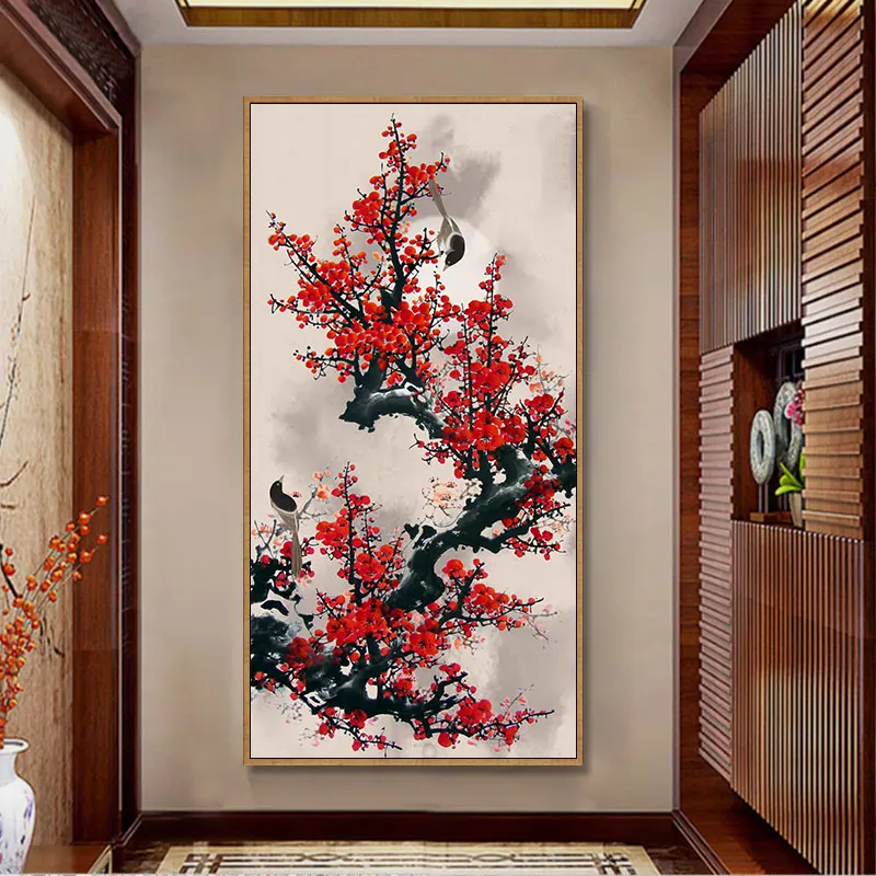 

Red Plum Blossom Spring Announcement Vertical Cross Stitch Thread New Living Room Style East Comes with Purple Thread 2024 Ne...