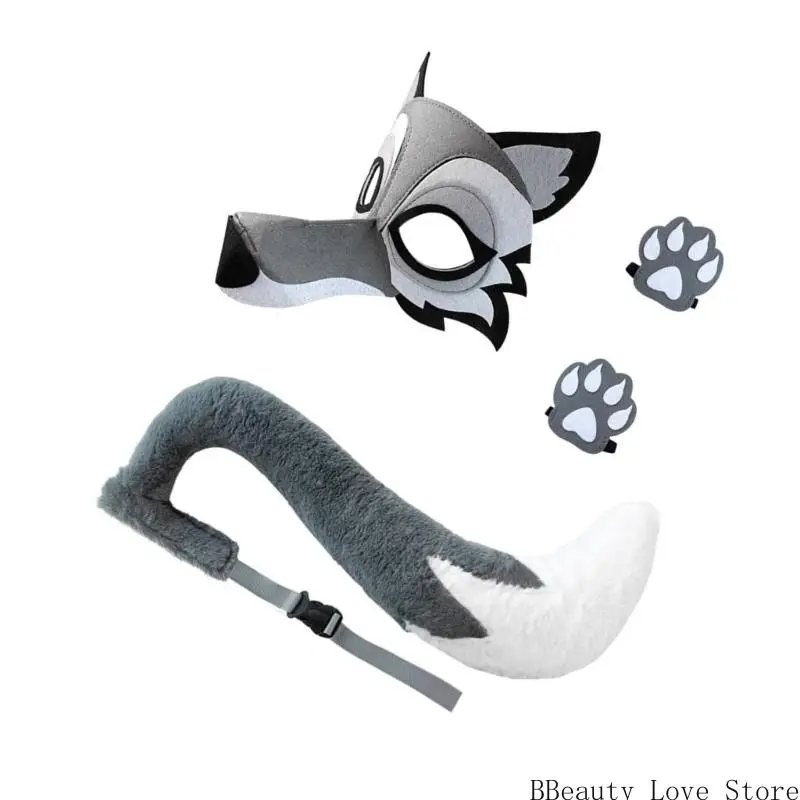 Wolf Face Mask Mask Wolf Tail en Handschoenen Halloween Animal Wolf -kostuum voor Kid volwassene
