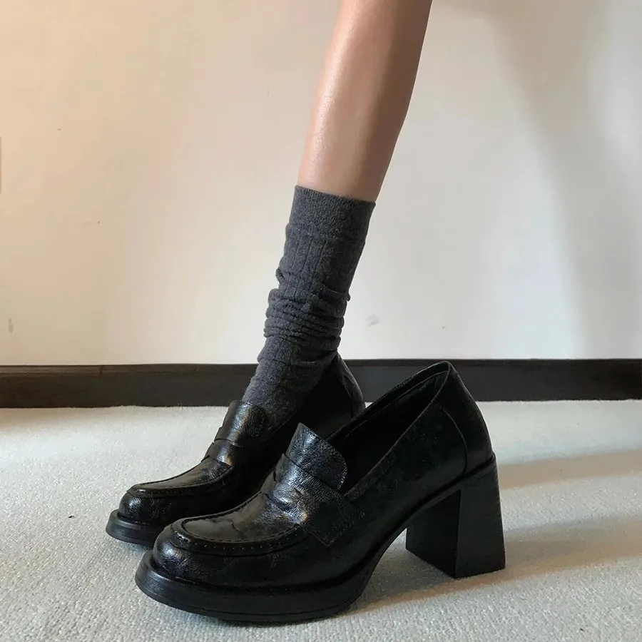 Women's Black Leather Loafers | Block Heel Design, Retro Office Essential Fashion Footwear
