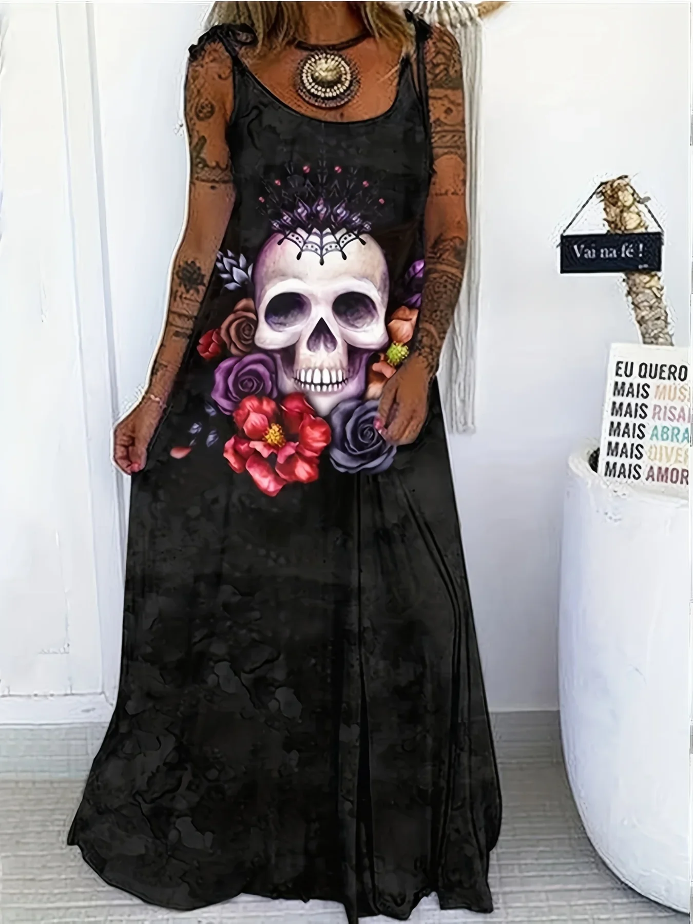 Vestido largo con lazo y cuello en V y estampado de calavera de talla grande para mujer, fabricado en poliéster, adecuado para fiestas, festivales, discotecas, etc.
