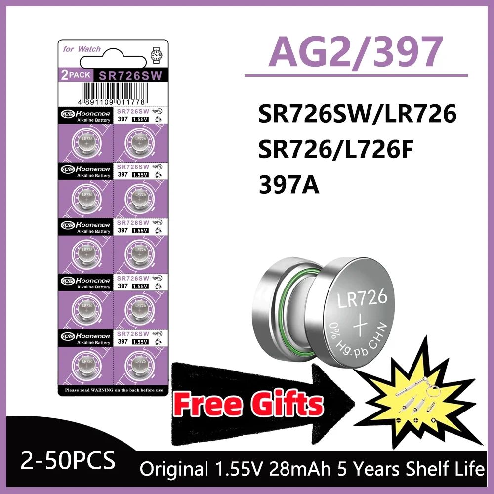 High Capacity 5-50pcs Alkaline Battery AG2 G2 396A LR726 SR726SW CX59 LR59 SR59 397 Silver Oxide 1.55V Button Cell Batteries