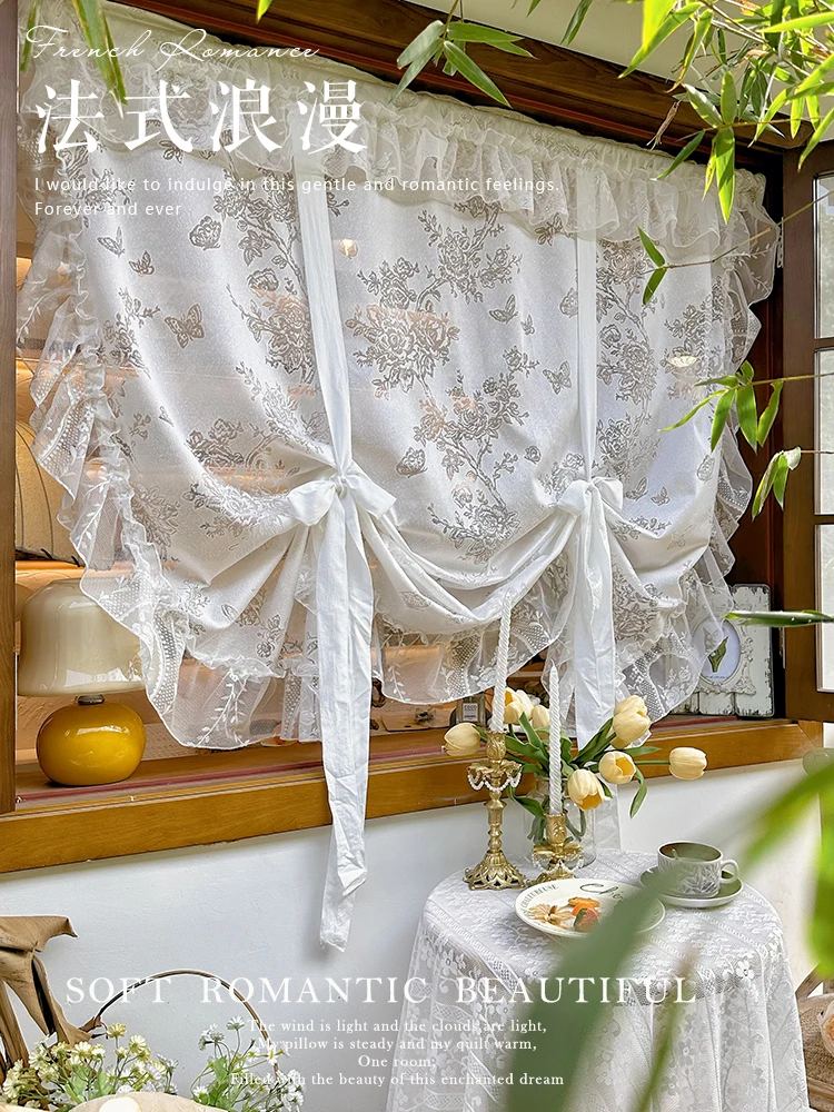 French Pull Up Curtains for Living Room White Floral Sheer Curtains for Girls Bedroom Customized Half Curtains Window Decor