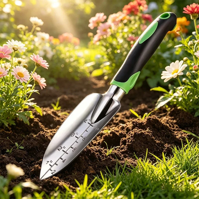 Stainless Steel Garden Trowel with Depth Markings Ergonomic Soft Grip Handle for Planting Transplanting Easy to Clean Heavy Duty