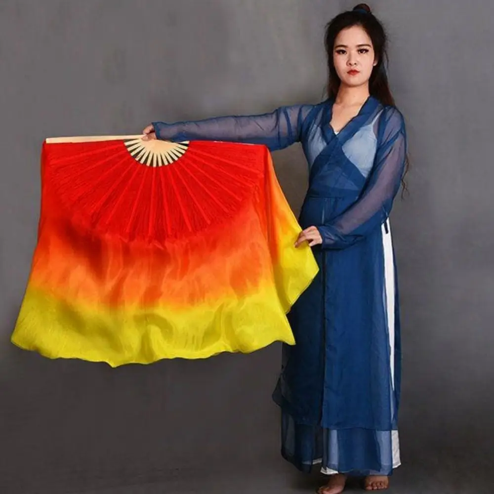 Abanico corto chino de bambú para danza del vientre, velo de seda de medio círculo de 10cm, pares largos de imitación, abanicos de bambú para danza Yangko, 31cm