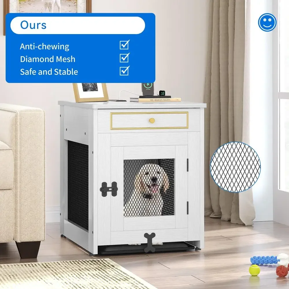 Wooden Dog Kennel End Table Crate Furniture USB Charger Small Dogs Indoor White Safe Stable Cleaning Tray Diamond Iron Mesh Dual