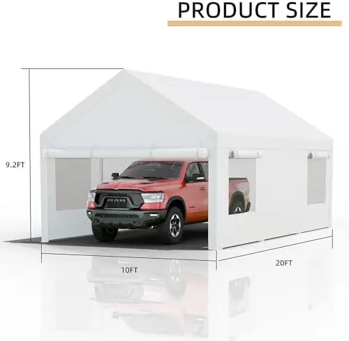 JY QAQA Carport, 10x20 FT Heavy Duty Carport Reinforced Steel Poles with Removable Sidewalls & Doors,Roll-up Windows