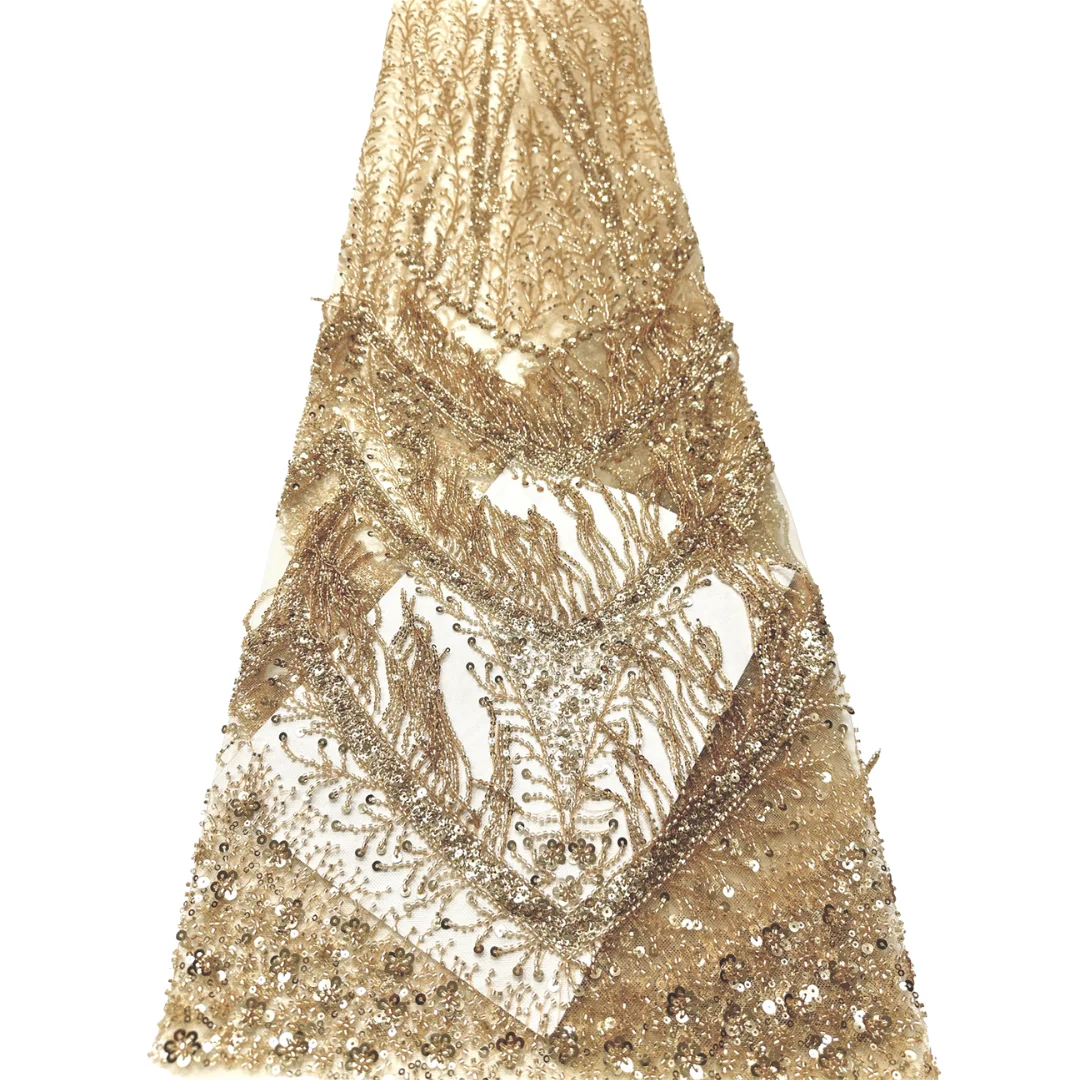 Gold African Lace Fabric High Quality French Sequins Beads Fringe Embroidery Tulle Mesh For Sewing Wedding Evening Dress 5 yards