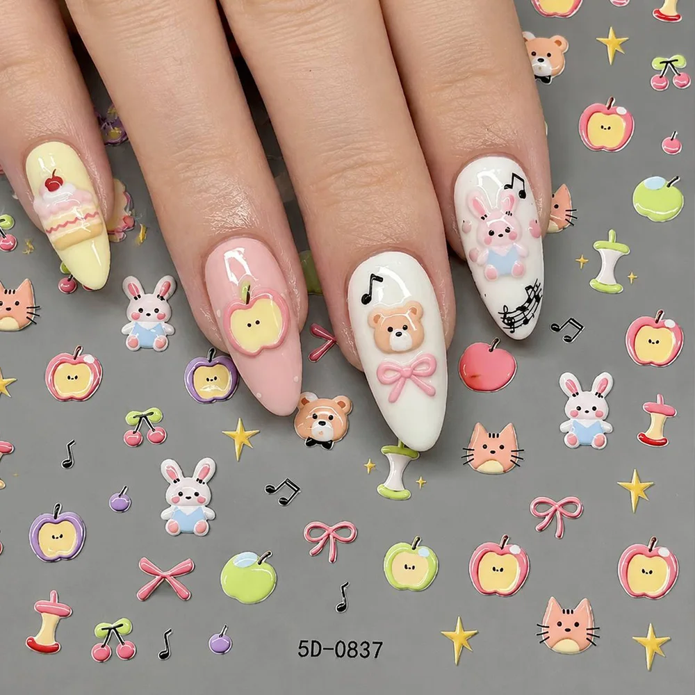1Pc Mixed Animal Faces Fruit Colors Nail Sticker No Residue Easy Apply Animal Fruit Design Nail Decal Trendy Art Nail Slider