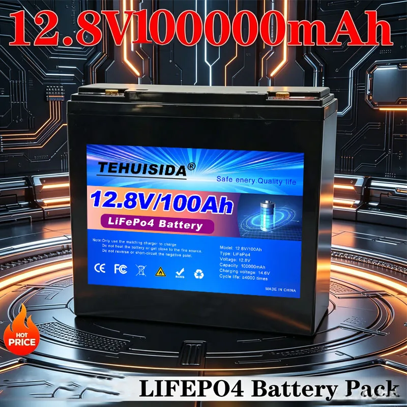 Portable high capacity 100Ah 12.8V LiFePO4 rechargeable battery with built-in smart BMS for camping solar home power supply