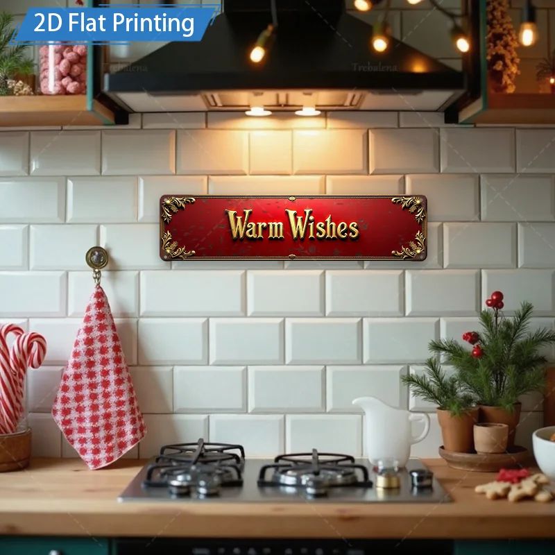 [2D FLAT] 1 قطعة علامة معدنية، 8 × 12 بوصة خمر الأحمر التمنيات الدافئة علامة معدنية ديكور عيد الميلاد