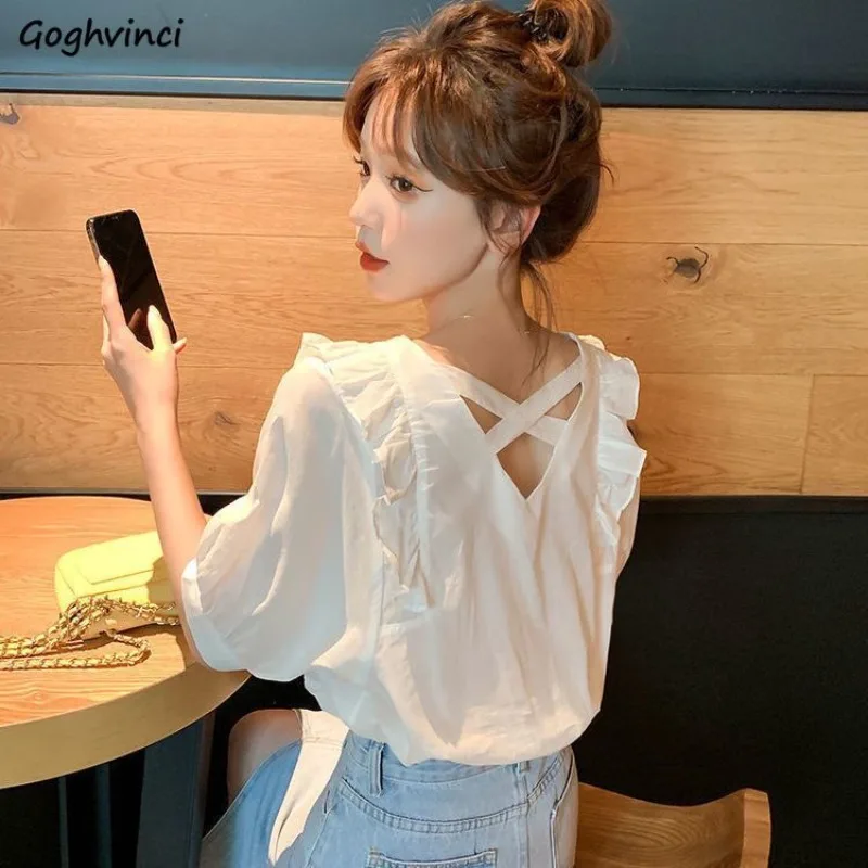 

Backless Blouses Women Ruffles Designed Tops Summer Lovely Literary Students Gentle Aesthetic Pure Chic Criss-cross French Style