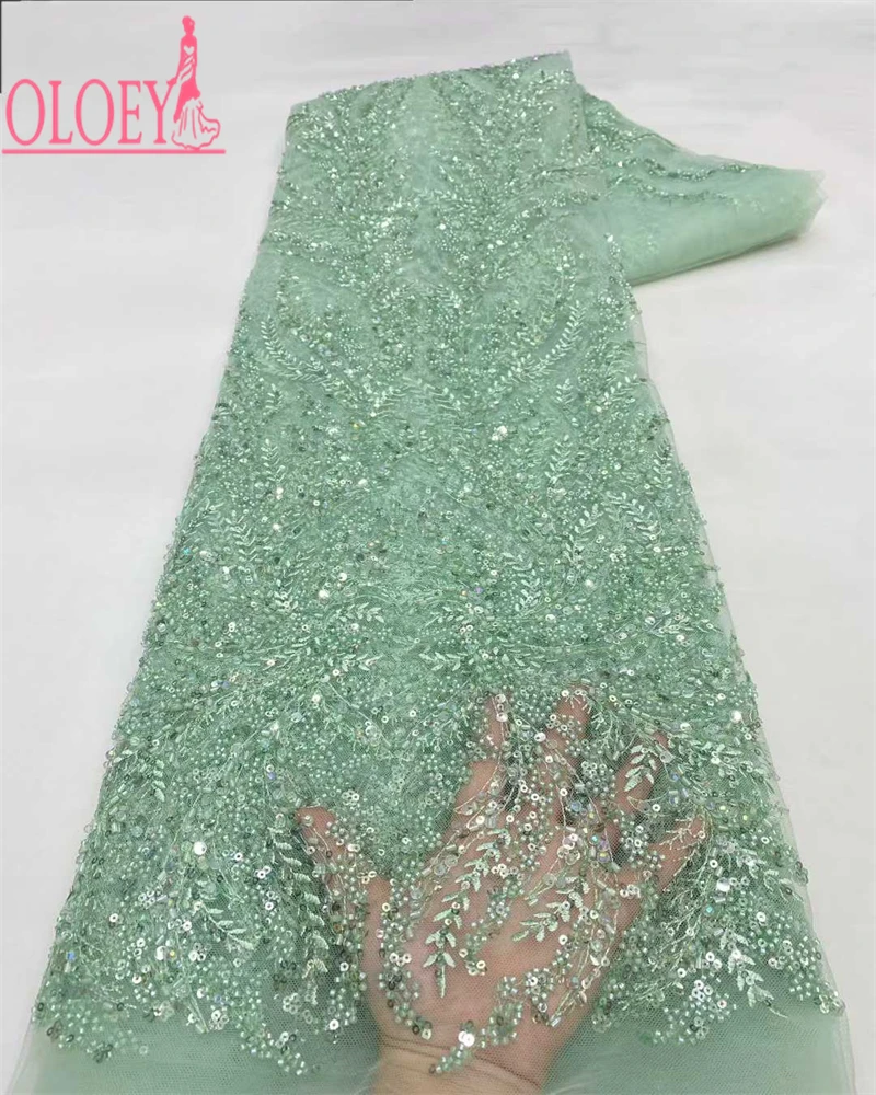 

OLOEY Exquisite Luxury Handmade Embroidery Net Lace Full Beads Fabric New Fashion Design for Women Wedding Dress Making