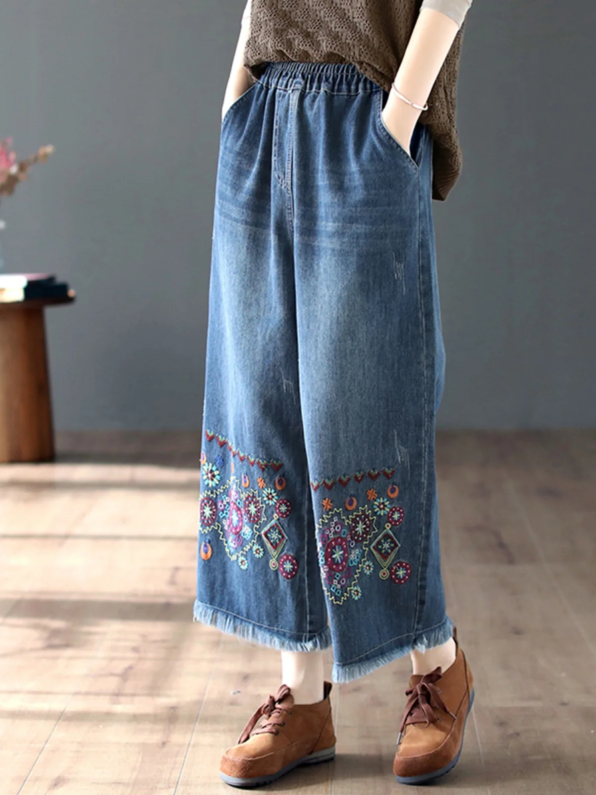 Floral Embroidery Retro National Style High Waist Jeans Female Spring Summer Casual Loose Tassels Denim Trouser Women's Clothing