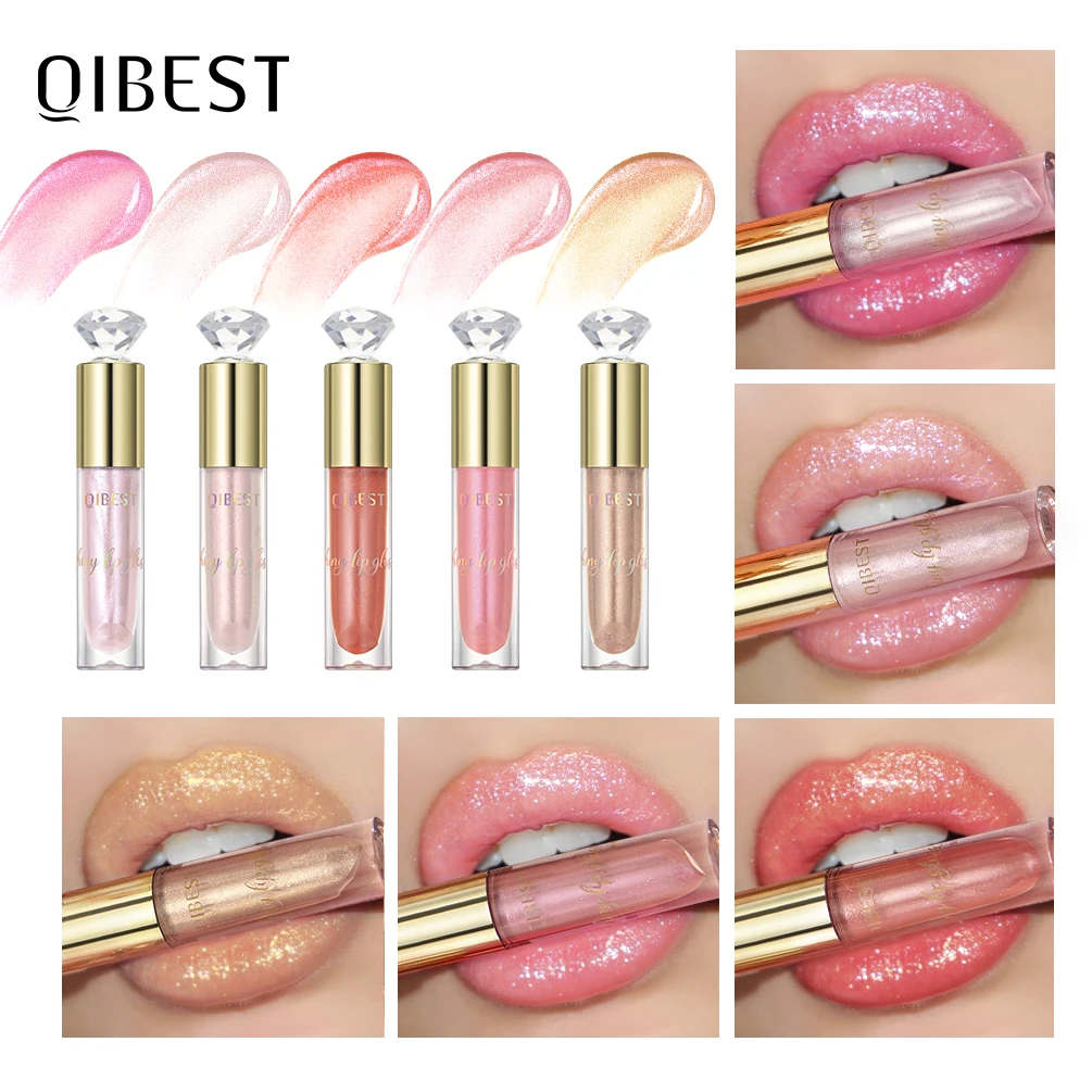 QIBEST 5 Colors Glitter Lip Gloss Long Lasting Diamond Pearlescent Metallic Liquid Lipstick Moisturizing Lip Glaze Tint Makeup