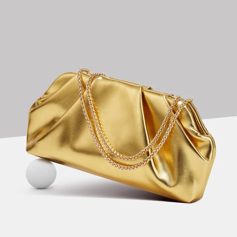

Golden PU Shoulder Bag Cloudy Pleated Fashionable Armpit Bags Ins Style Long Chain Crossbody Bags Elegant Small Handbag