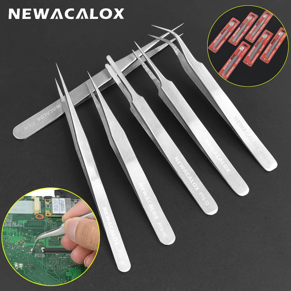 NEWACALOX 6Pcs/lot FTS Stainless Steel Industrial Tweezers Set Anti-Static Anti-magnetic for Electronics Phone Repairing Tool