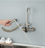 Wall Mount Kitchen Faucet with Sprayer Brushed Nickel 304 Stainless Steel Sink Tap Dual Holes Hot Cold Mixer for Laundry Utility