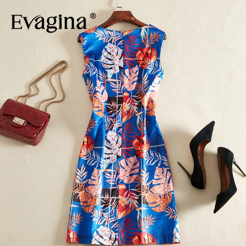 Evagina Print Sleeveless Mini dress 2024 Spring Summer New Women's High Street Blue S-XXL Fit Hip Wrap Dresses