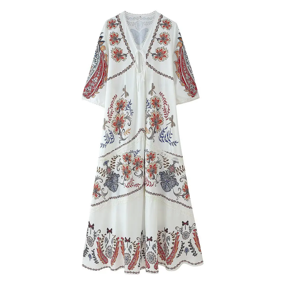 

2025 Summer Women's Positioning Print Dress Splicing Lace V-neck 3/4 Sleeve Long Dresses Casual Beach Bohemian Holiday Dress