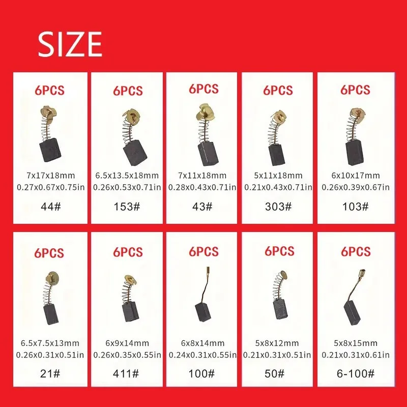 60 Pieces of Electric Motor Carbon Brushes in 10 Different Sizes for Replacement and Maintenance of Power Tool Parts