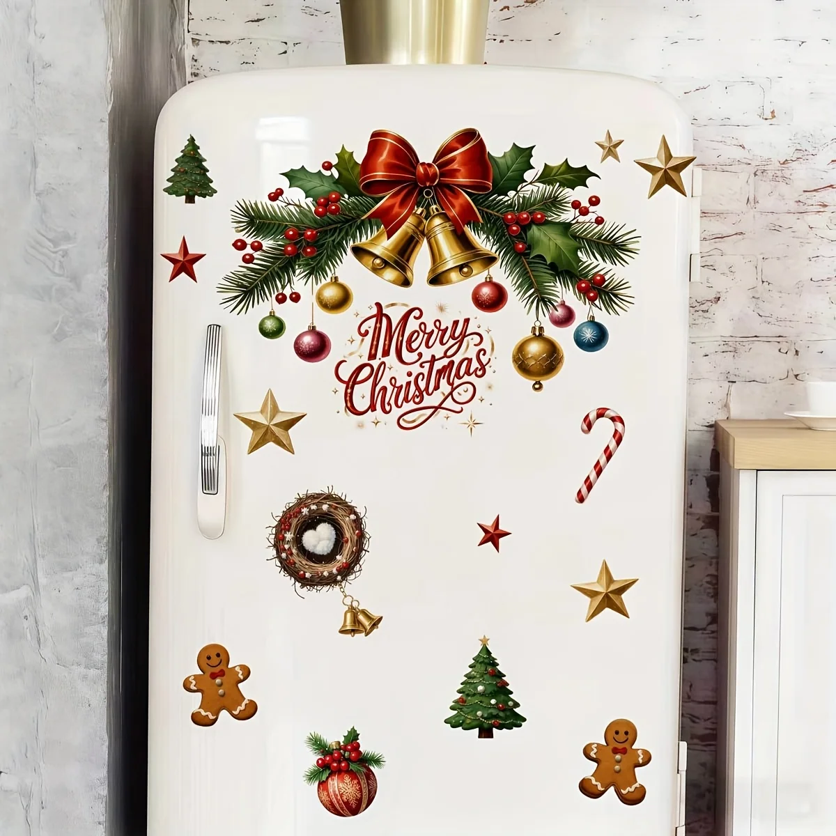 1pc Christmas Bell Pine Wreath Fridge Magnet & Wall Sticker, Red & Gold 