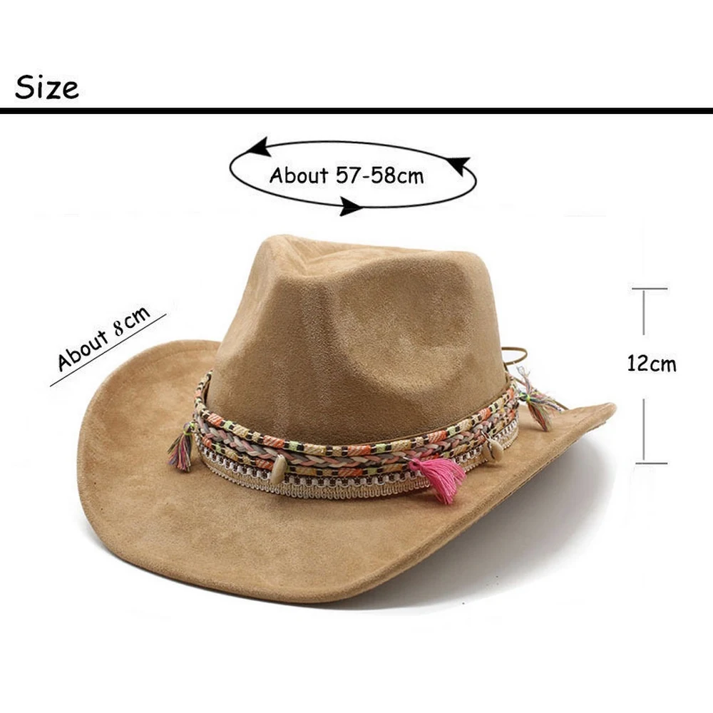 Four Seasons Cowboy Hats For Women And Men Bohemian Style Caps Suede 57-58cm Braided Straps Tassel Decoration 2023 New In