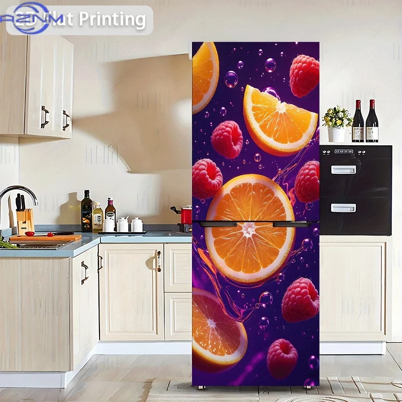 1pc 2D Printed Refrigerator Sticker,  Orange Berry Leap or Orange Berry Bubble Dance, Self-Adhesive Wall Decal Wallpaper, Suit