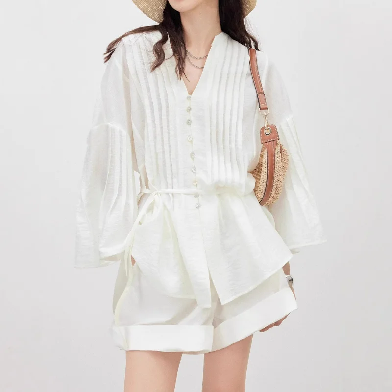 Spring Pleated V-neck Shirts Women Loose Niche Blouses Light Thin Cardigan Jacket Literary Retro Clothing White Linen Gray Tops