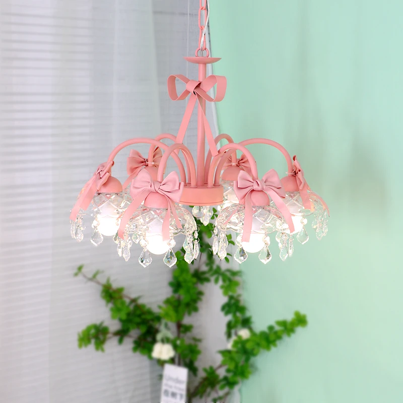 

Princess style bedroom chandelier girl children's room girl bow pink living room dining room cute cream crystal lamp
