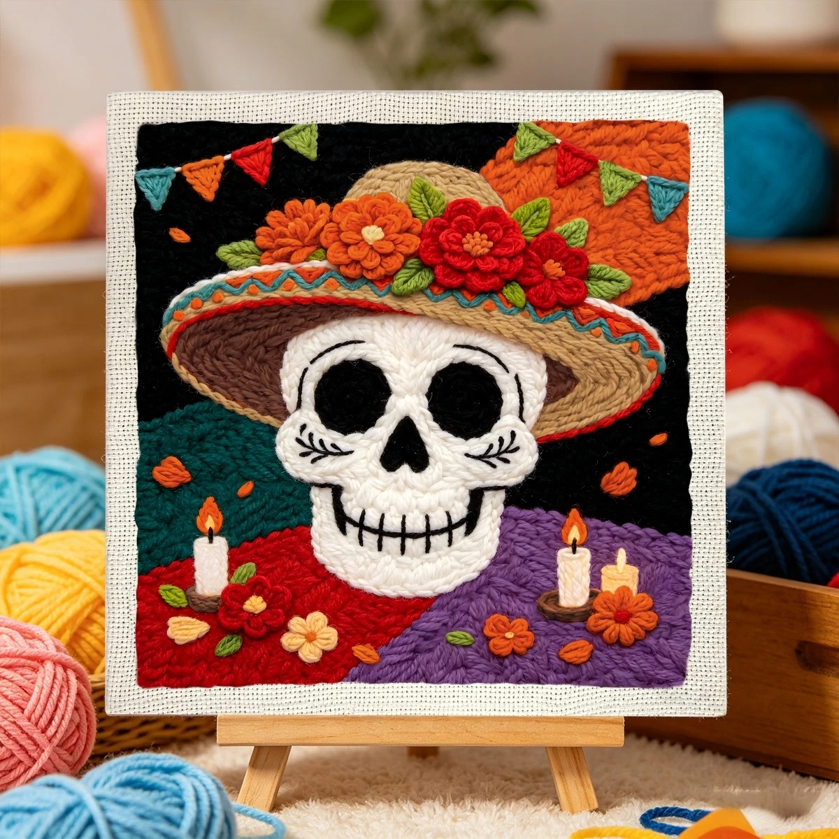 1 Set Sombrero Skull DIY Stickerei-Set für Anfänger, Stick-Starter-Kit, Kreuzstich-Kunstgeschenk, Handarbeits-Bastelset – Detail 2