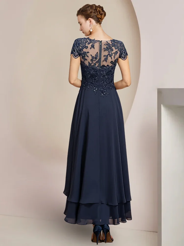 A-Line Mother of the Bride Dress Wedding Guest High Low Scoop Neck Asymmetrical Tea Length Formal Evening Gown