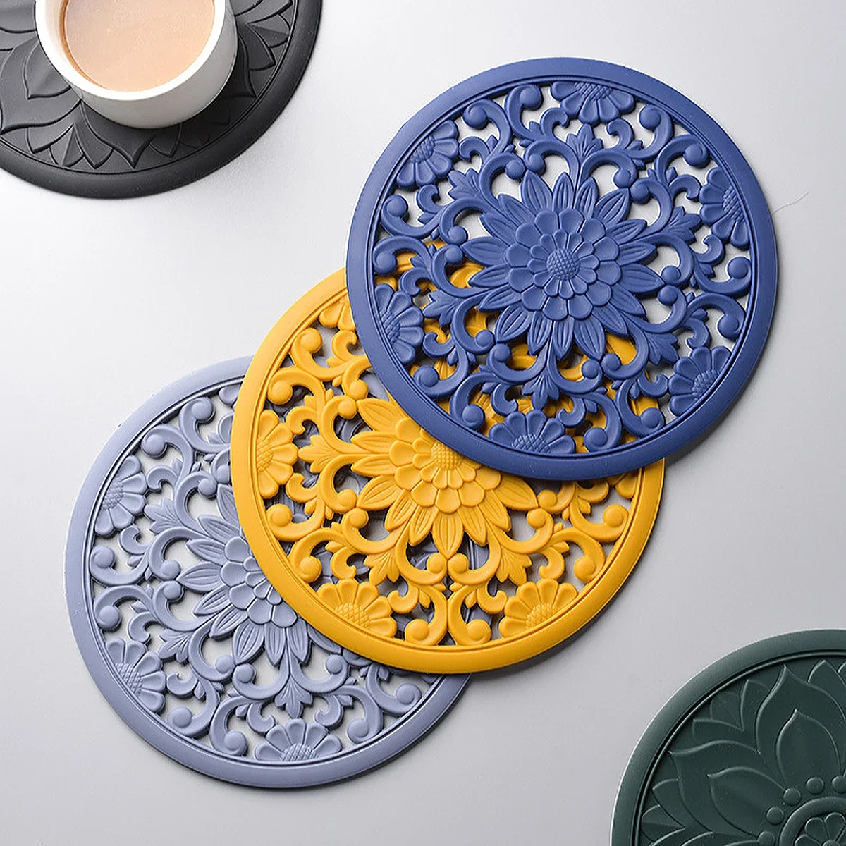 3pcs/Set Cutout Pattern Silicone Coaster Art Flower Circular Insulation Pad Anti Scalding Water Filter Pad Kitchen Accessorie