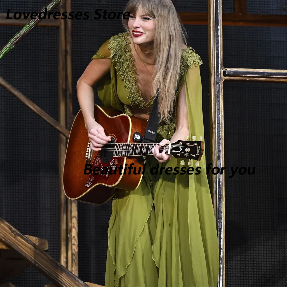 فستان سهرة مزين بالورقة الخضراء على شكل حرف v وأكمام طويلة فساتين سهرة مخصصة على شكل حرف A متدرجة بأربطة من الخلف للحفلات الراقصة