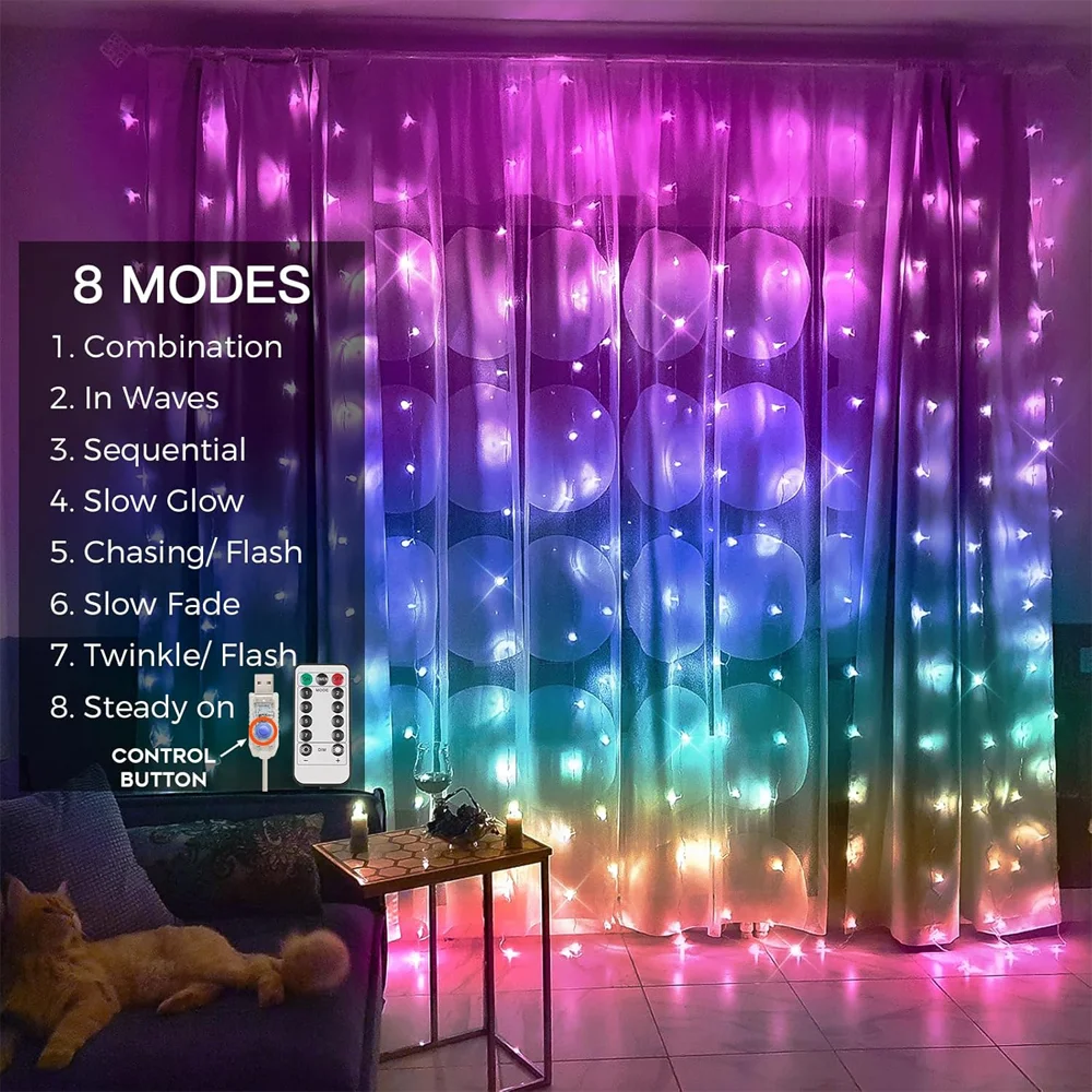 USB Curtain LED String Light 8 Mode Remote Control 3M*3M 300LEDs Christmas Decor Holiday Home Bedroom Wedding Fairy Garland Lamp