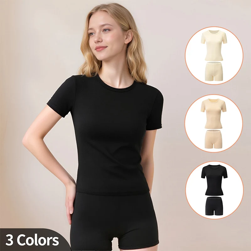 

2-Piece Women's Set Round Neck Short Sleeved Set Solid Color Sports Interior Multi-functional And Comfortable Home Wear Casual