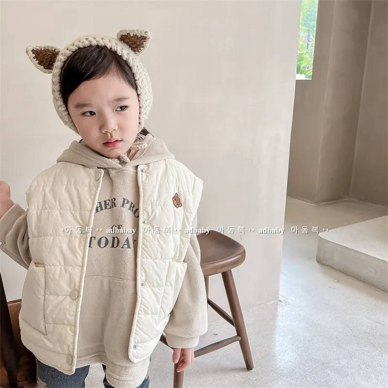 2024 Winter New Children Warm Vest Fashion Girls Sleeveless Down Jacket Baby Plus Velvet Thick Vest Boys Cute Bear Vest Coat