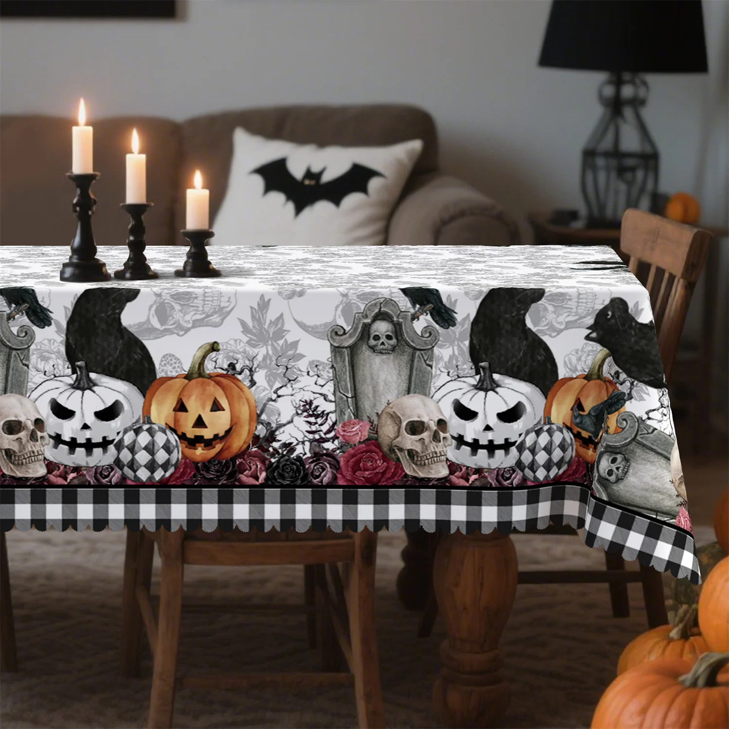 Buffalo Rose Pumpkin Skull Crow Cat Graveyard Halloween Tablecloth - 1 pack