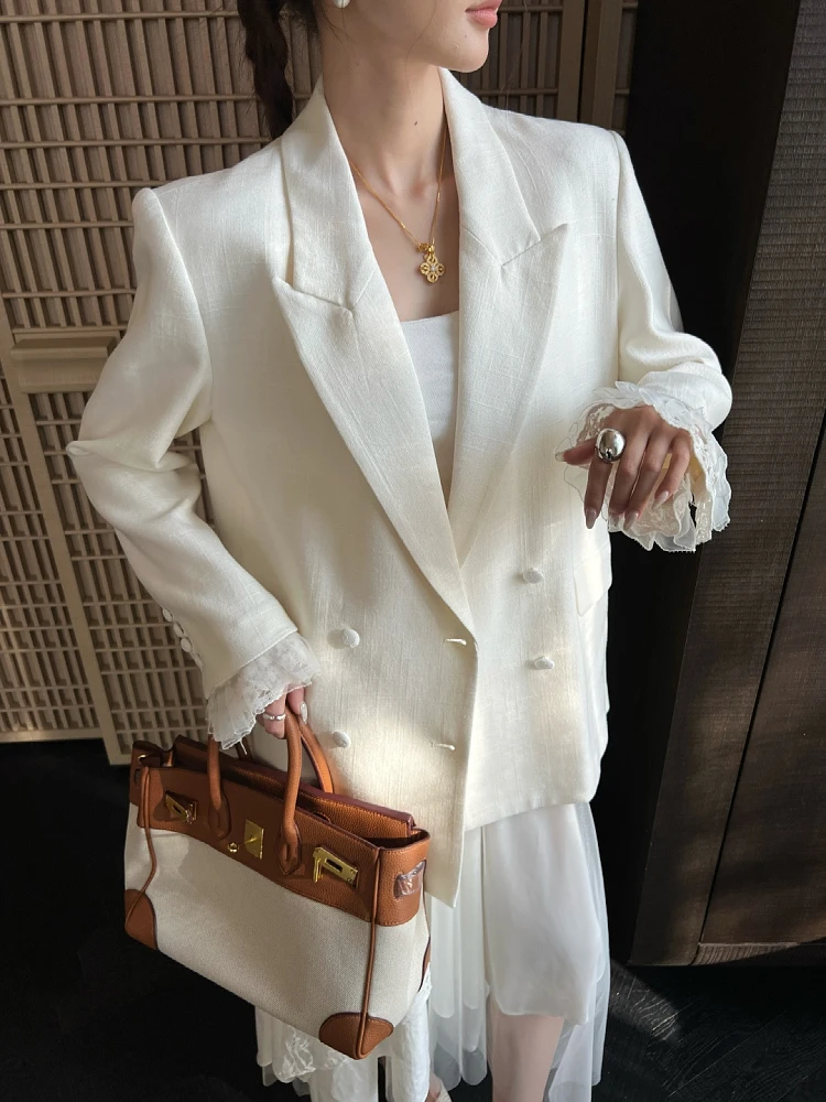 2026ss sping autumn luxury new high quality women white chic double blazer coat with midi skirts suits for ladies