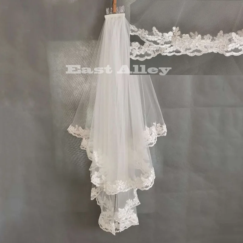 Velos De novia cortos con borde De encaje De marfil, accesorios De boda con peine, imagen Real, 2 capas