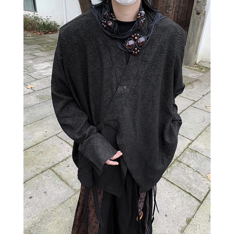 

Spring New Chinese Sle Embroidered irt Men's Retro Zen Collar Design Long Sve Loose Fit Pure Color Polyester Fiber