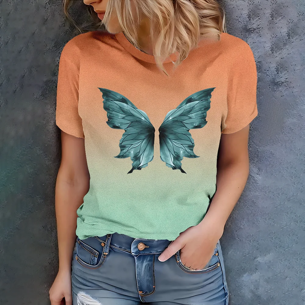 

Women's Orange And Green Butterfly Print T-Shirt - Summer Casual Fashion Fit Round Neck Short Sleeve