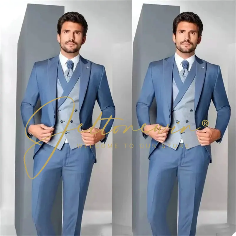 

Slim Fit Men Suits For Wedding 3 Pieces (Blazer+Vest+ Pants) Peak Lapel Formal Business Groom Wear Tuxedos Costume Homme