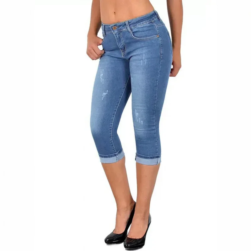 Women's Slim Fit Cropped Denim Pants High Waist Elastic Fit Versatile Feet Washed Roll up 2026 New Style Casual Jeans