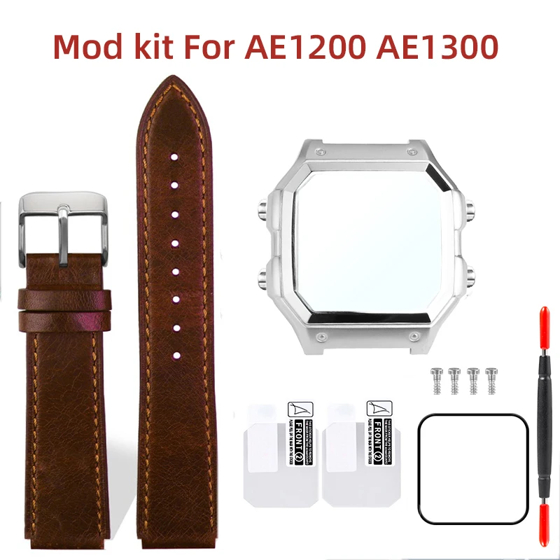 

Stainless Steel AE1200 1300 Case For Casio 3299 AE-1200 AE-1300 Mod Kit Bezel AE1200 Leather Strap band Waterproof Ring Glass