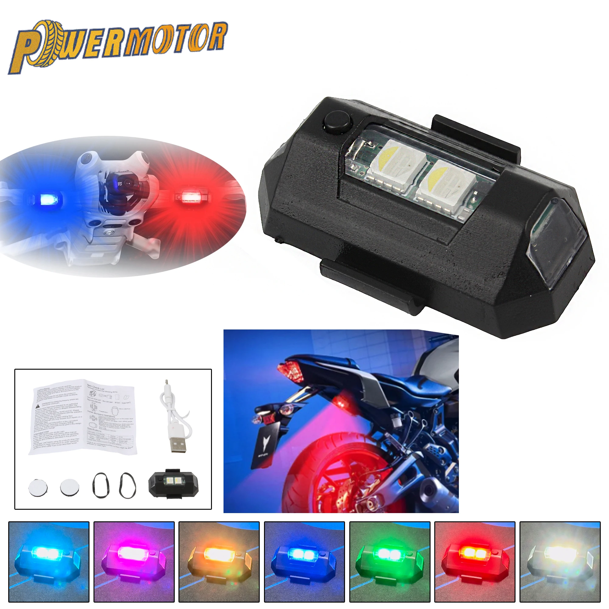 

Powermotor Universal Motorbike Mini Flashing Warning Signal Light USB LED Anti-Collision Aircraft Night Drone Strobe Light