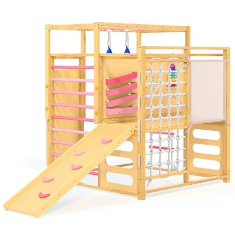 

9-IN-1 Outdoor Indoor Jungle Gym Montessori Wooden Climbing Structure for 2-8 Natural Wood Pink with Slide Monkey Bars Rope Lad
